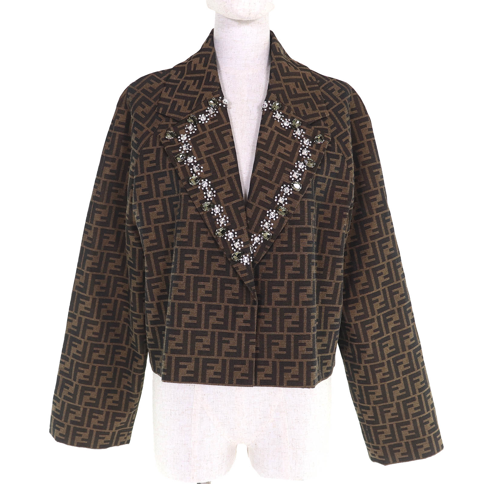 未使用品△FENDI フェンディ 23AW FJ7461 ビジュー FFロゴ ズッカ柄 23AW ショート テーラードジャケット ブラウン 38 正規品 イタリア製 レディース【中古】