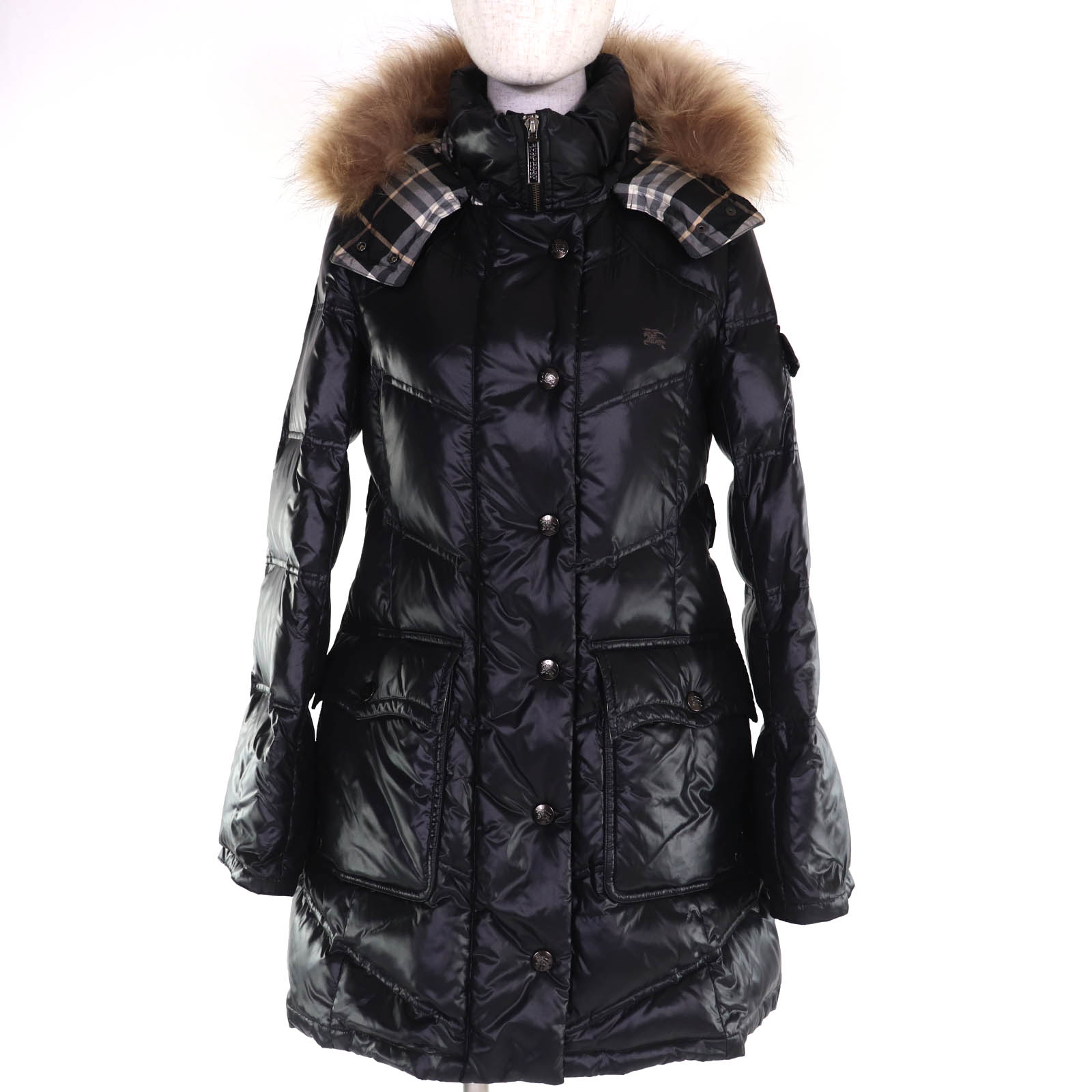 極美品◇BURBERRY BLUE LABEL バーバリーブルーレーベル FRF01-532-09 ロゴ刺繍・ボタン ダウンコート ブラック 38 正規品 レディース【中古】