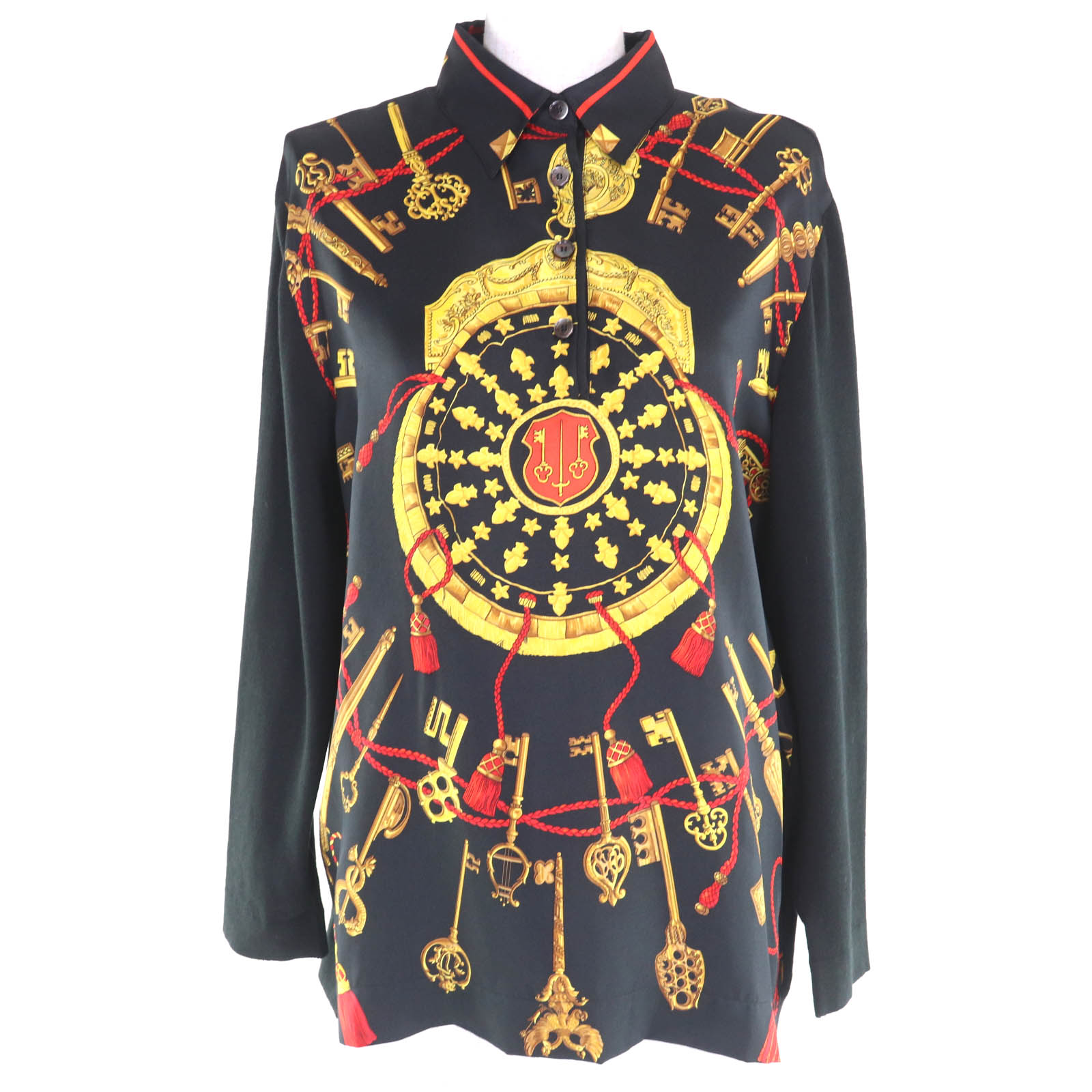 極美品◇HERMES エルメス LES CLES THE KEYS RARE シルク カシミヤ混 ツイルレーヌ 総柄 ニット 長袖ポロシャツ ブラック S レディース【中古】