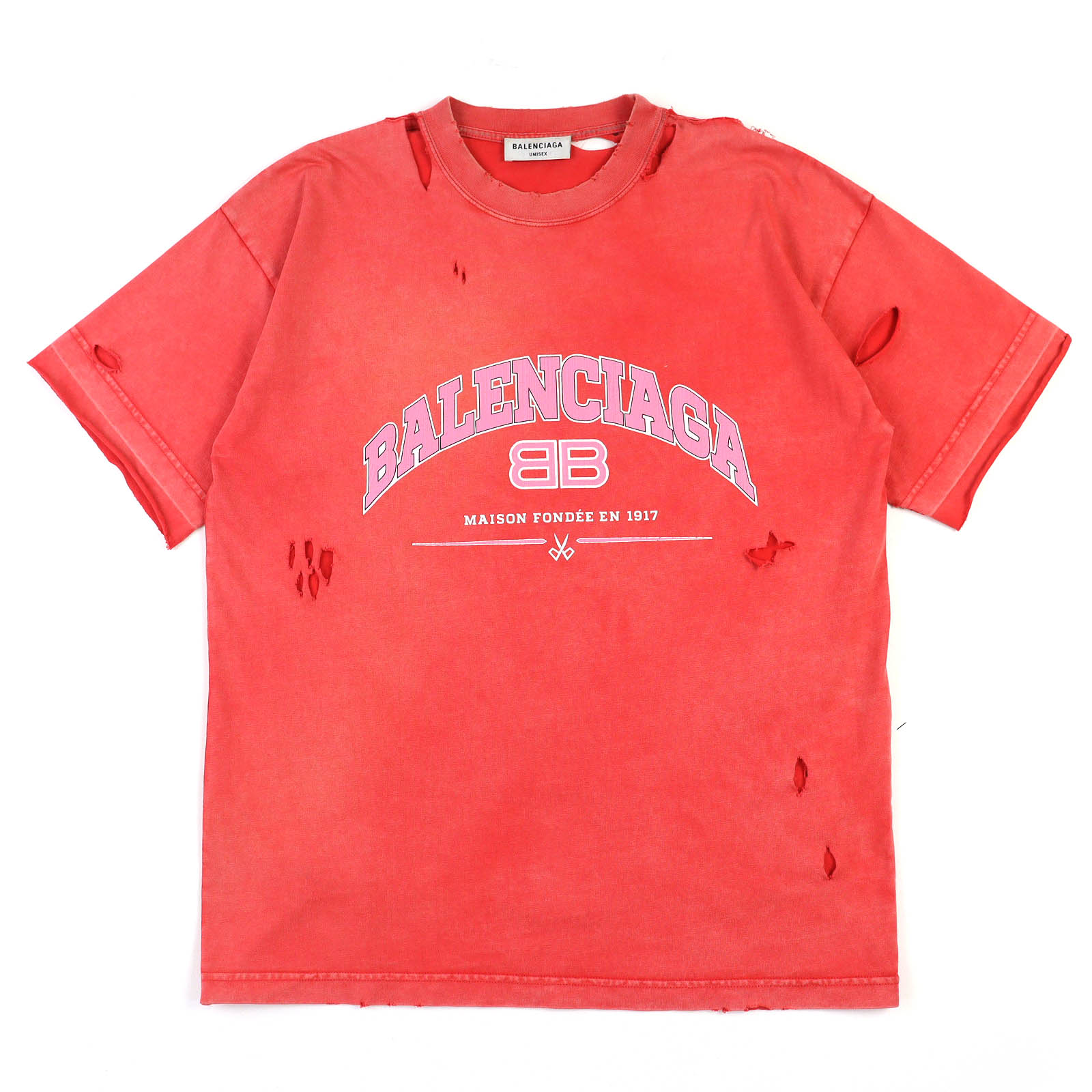 美品△BALENCIAGA バレンシアガ 612965 コットン100% デストロイ ダメージ加工 クルーネック 半袖Tシャツ レッド系 S 正規品 レディース...