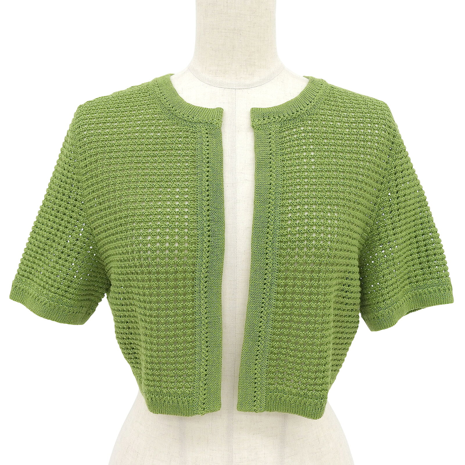 極美品▲FOXEY フォクシー 43769 リネン100％ メッシュ 半袖 カーディガン グリーン 38 日本製 正規品 レディース【中古】