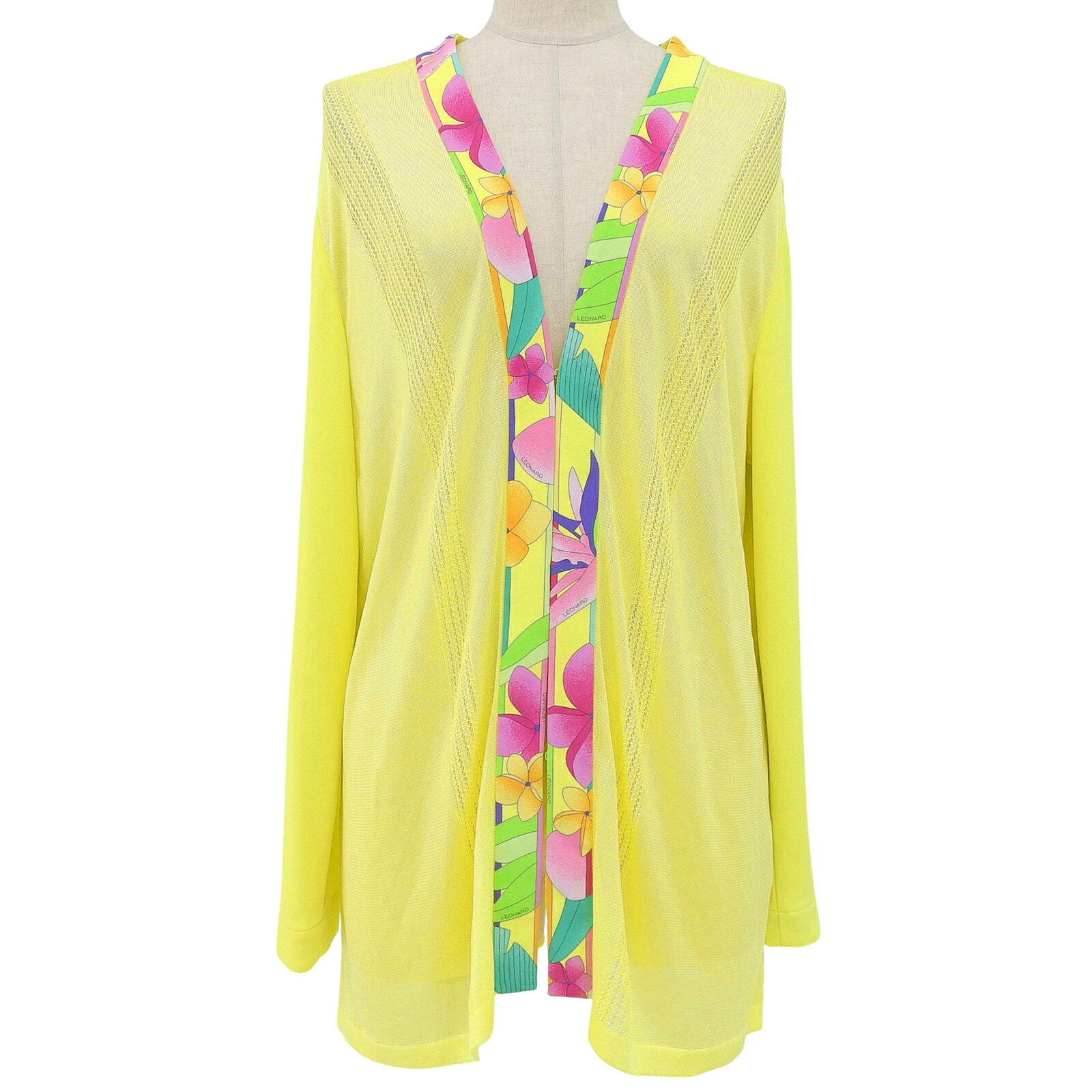 極美品▲LEONARD SPORT レオナールスポーツ 598097 花柄 カンカン素材 カーディガン イエロー 44 日本製 正規品 レディース【中古】