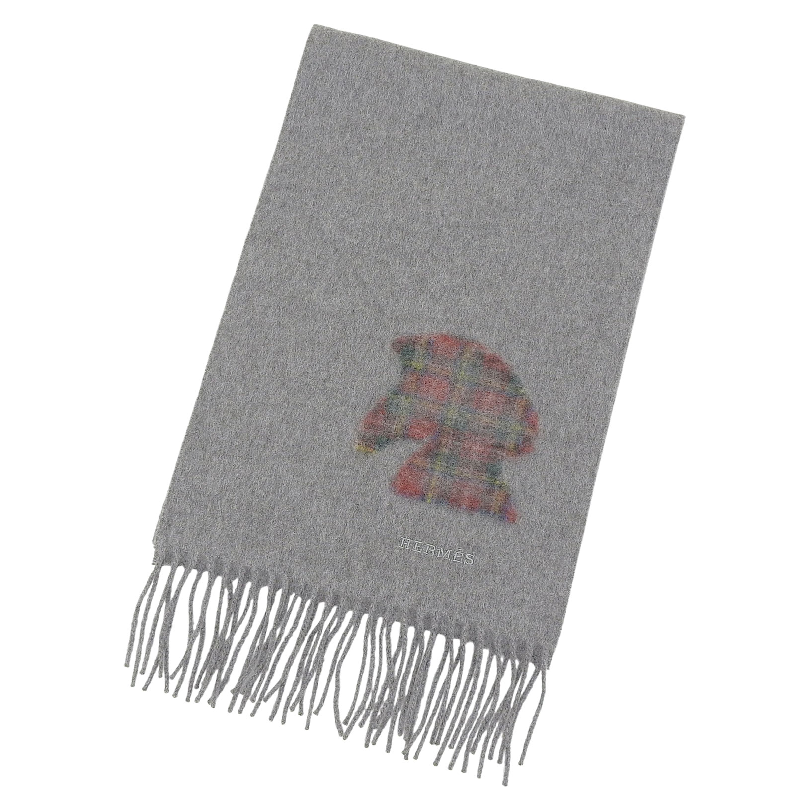 極美品▲HERMES エルメス ハイランズ カシミヤ100％ タータンチェック 馬モチーフ ロゴ刺繍 フリンジ付き マフラー グレー 英国製 レディース【中古】