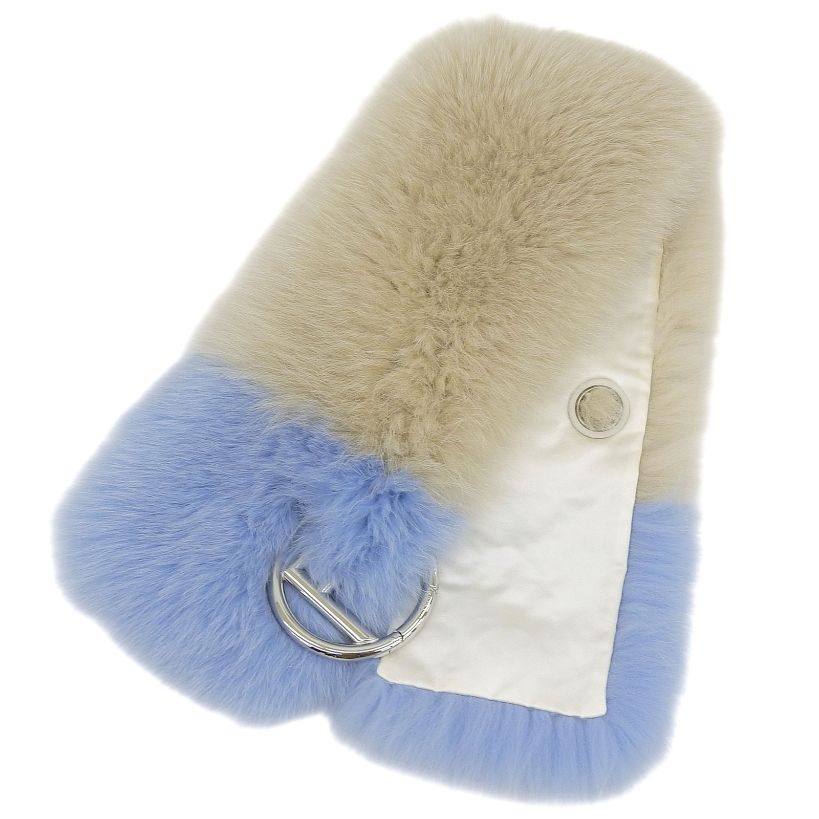美品▲FENDI フェンディ フォックス レザー使い Fロゴ ティペット ショール ベージュ ライトブルー シルバー金具 ONE SIZE イタリア製 正規品 レディース【中古】