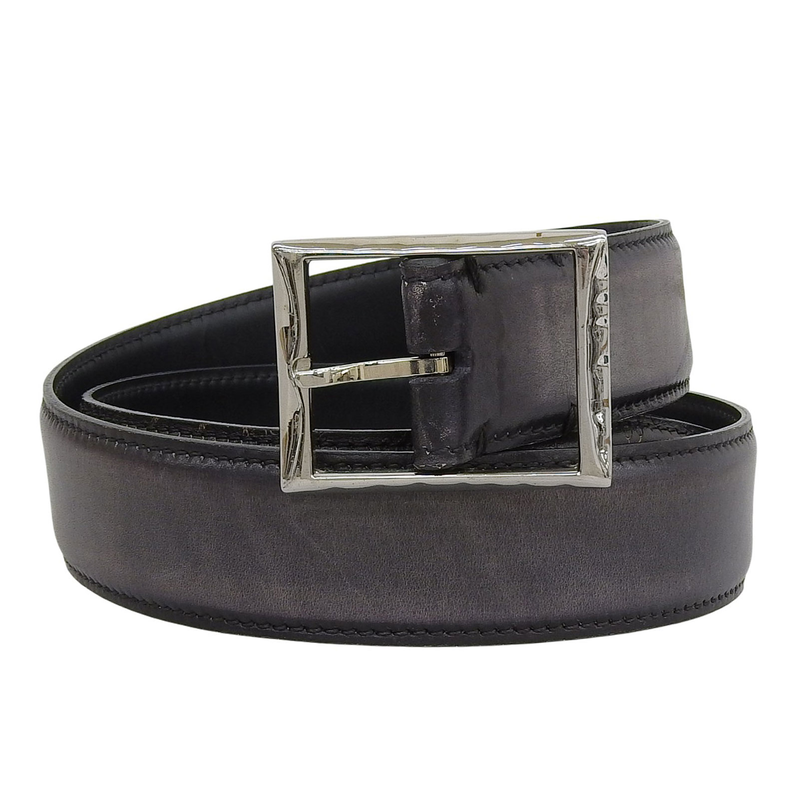 美品▲BERLUTI ベルルッティ 2021年製 ピンバックル カリグラフィー レザーベルト ブラック シルバー金具 80 32 イタリア製 メンズ【中古】