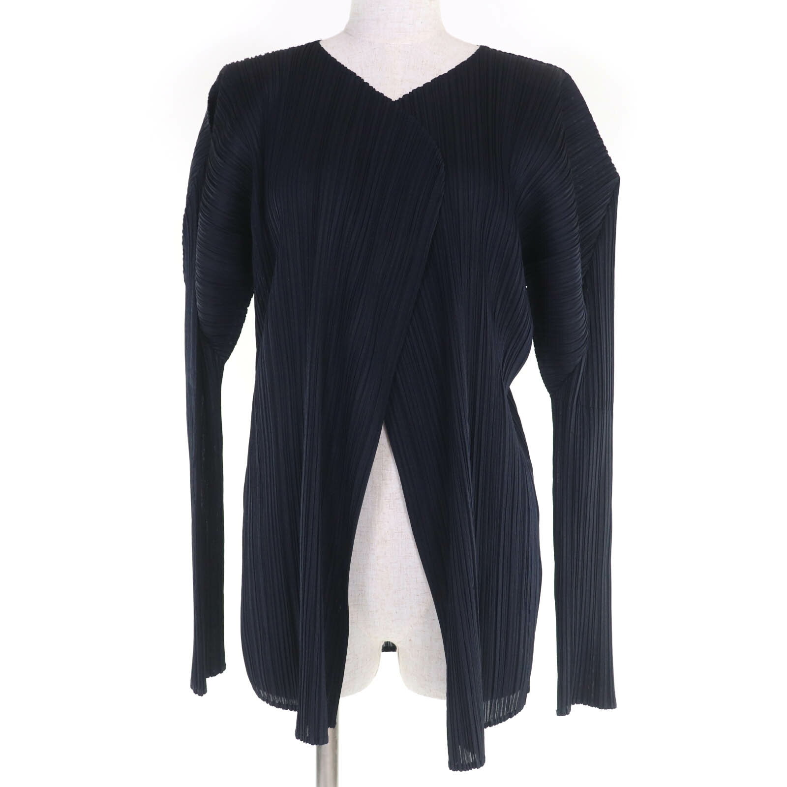 極美品☆PLEATS PLEASE プリーツプリーズ イッセイミヤケ PP05-JO001 長袖 カーディガン ダークネイビー 3 日本製 正規品 レディース【中古】