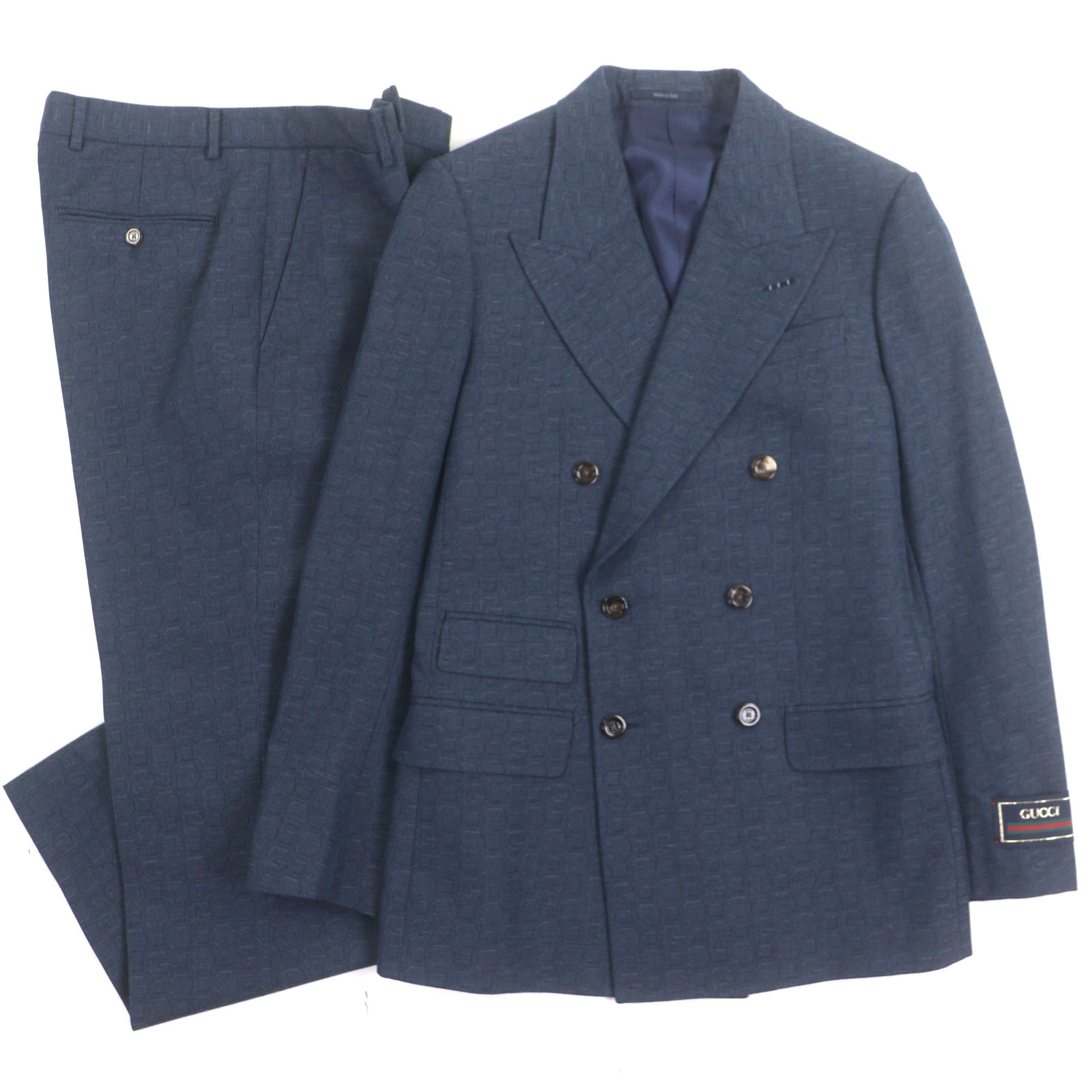 未使用品▼GUCCI グッチ 704187 ウール100% GGモチーフ ピークドラペル ダブルブレスト スーツ セットアップ ネイビー 44 ハンガー・ガーメント付き イタリア製 正規品 メンズ【中古】