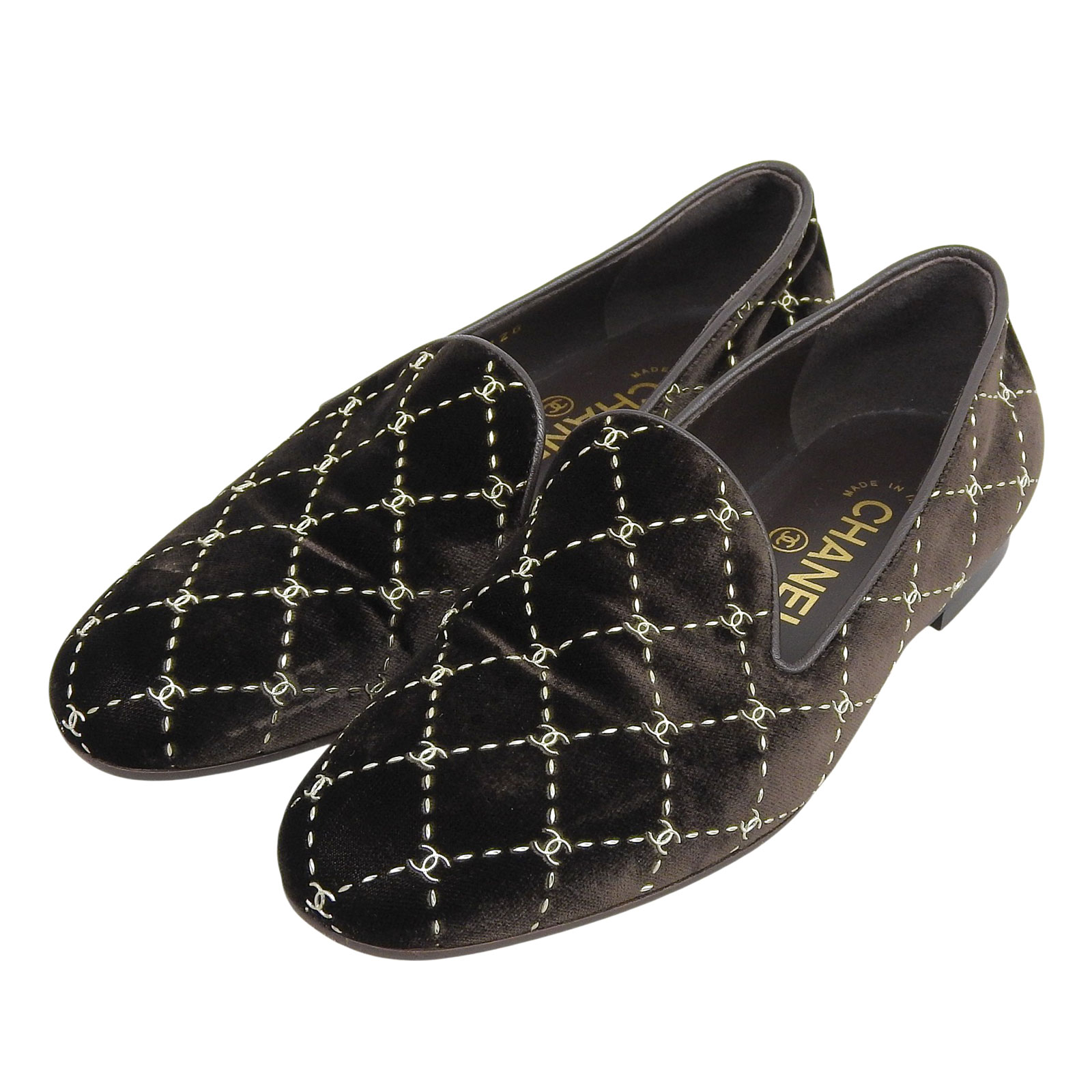 美品▲CHANEL シャネル G33126 マトラッセステッチ ココマーク ベロア オペラシューズ スリッポン ダークブラウン 35 保存袋付き イタリア製 レディース【中古】