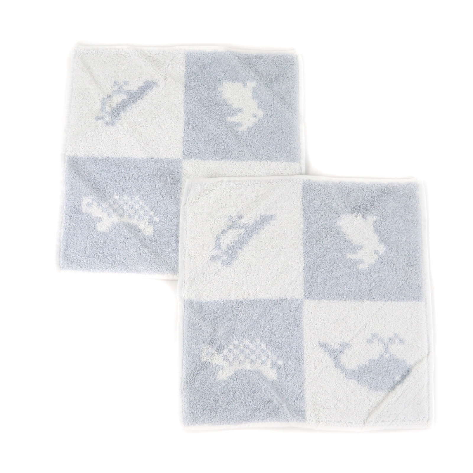 未使用品★HERMES エルメス CARRE ANIMAUX PIXEL コットン100％ ブルー アニマル柄 2個セット ベビータオル ハンドタオル 箱付き フランス製 レディース【中古】