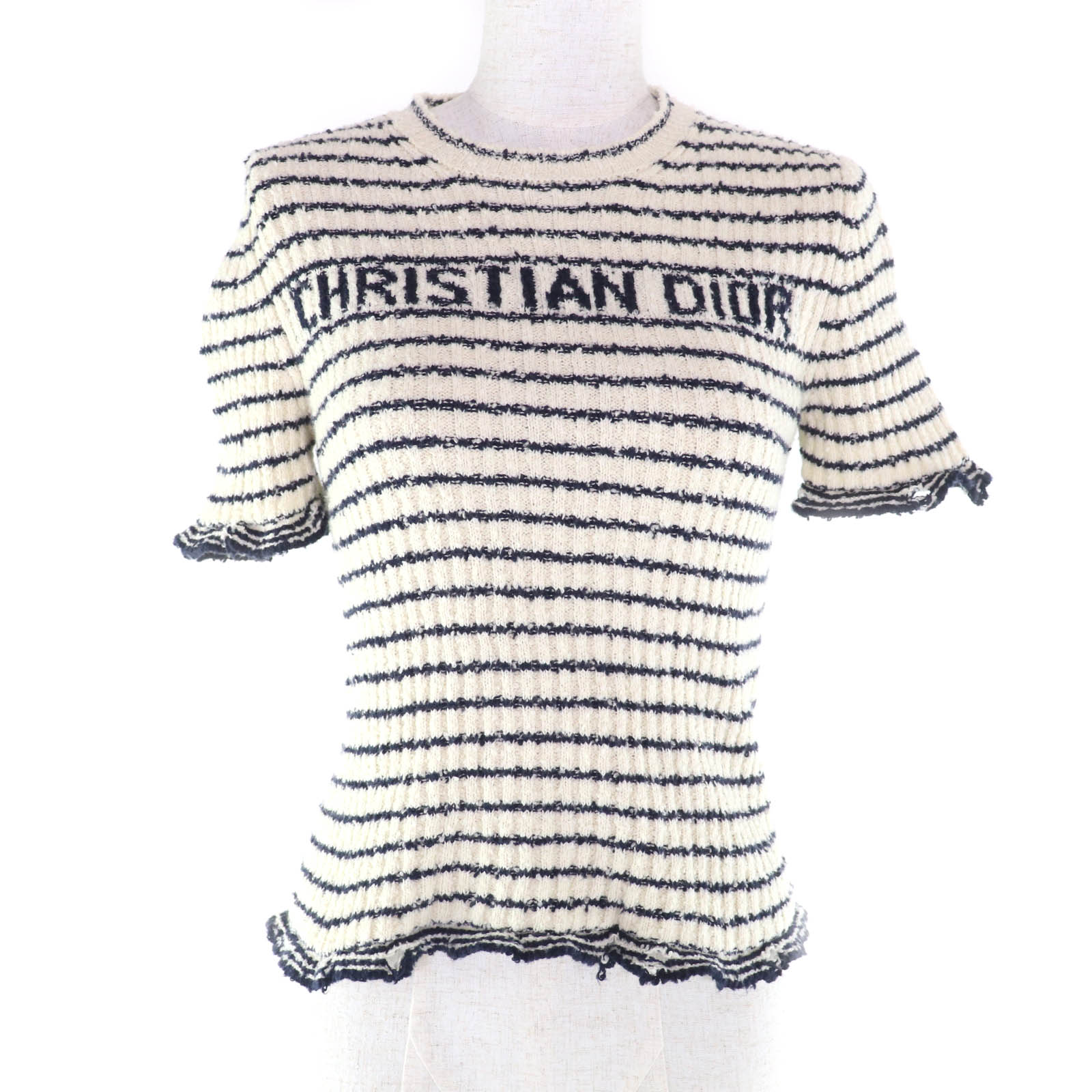 Rakuten - 極美品★Christian Dior クリスチャンディオール 25SS 514S75A7014 Mariniere Short-Sleeved Sweater コットン100％ マリニエール柄 半袖ニット オフホワイト ネイビー 38 イタリア製 正規品 レディース【中古】