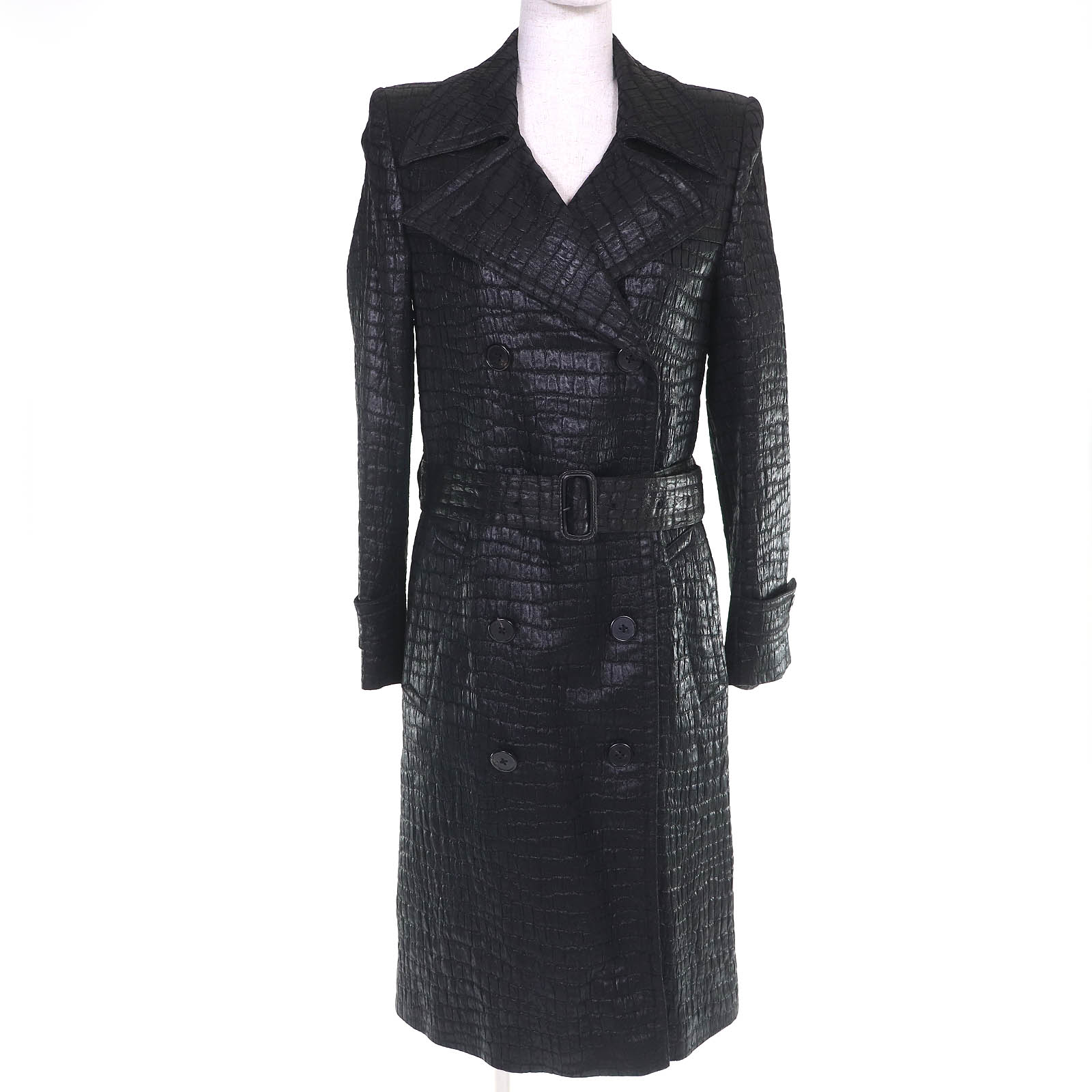 Rakuten - 極美品△DRIES VAN NOTEN ドリスヴァンノッテン 1025678 クロコ型押し ロング トレンチコート ブラック 36 正規品 レディース オススメ◎【中古】