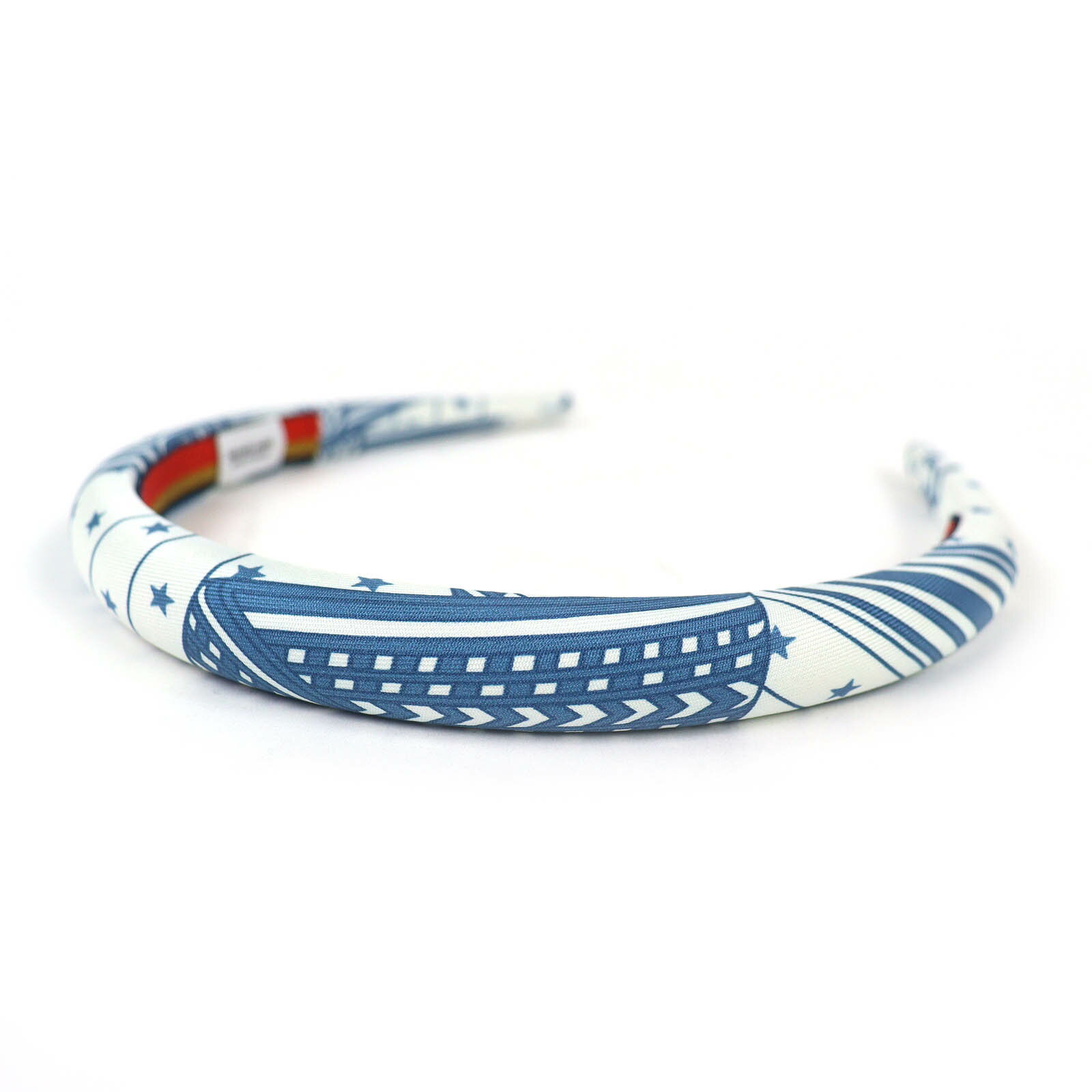 極美品△HERMES エルメス ジナ ジグザグ シルク スター ヘアバンド ヘアアクセサリー カチューシャ ブルー ホワイト 箱付き フランス製 ..