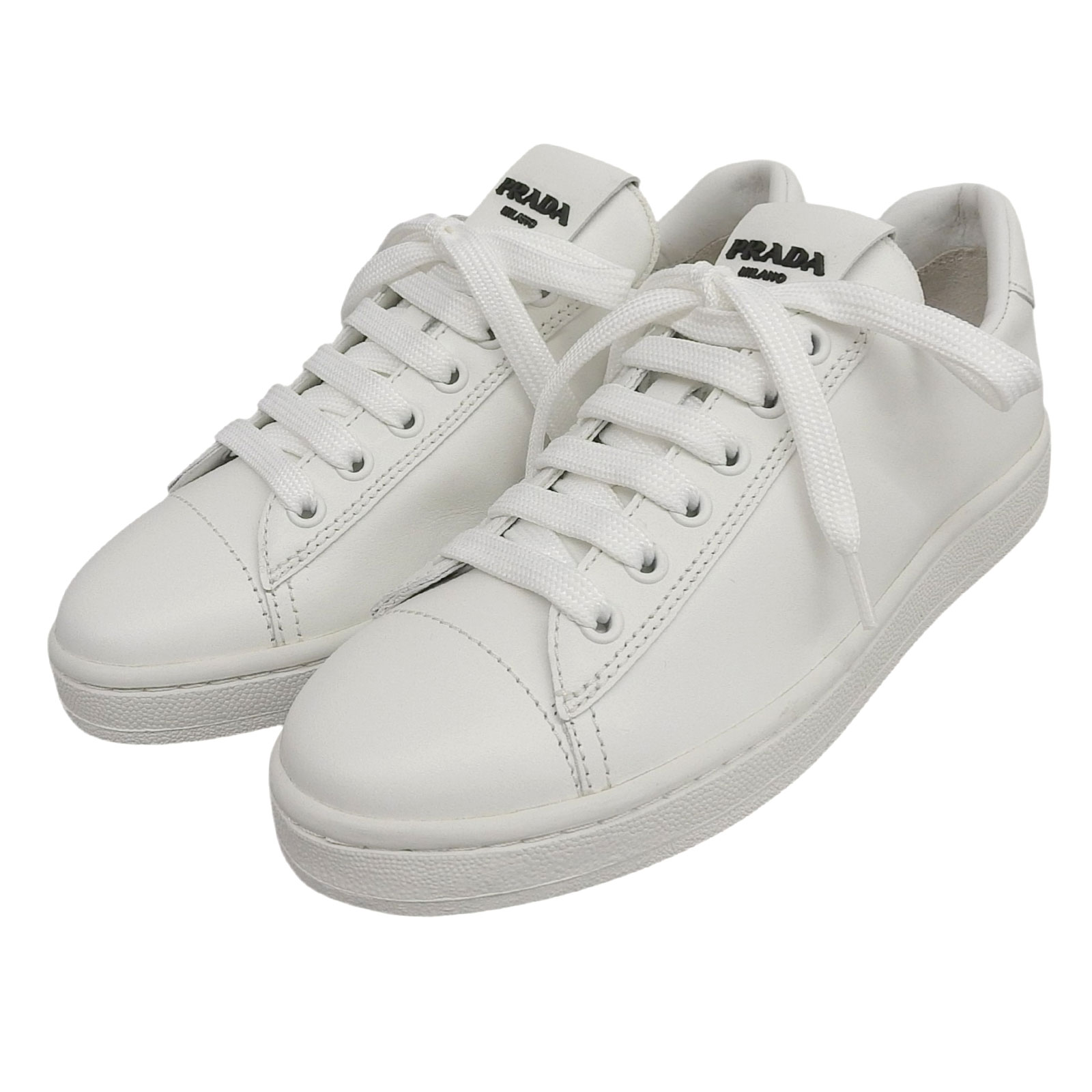 未使用品▲PRADA プラダ 2EG400 ロゴ入り レースアップ レザー ローカットスニーカー シューズ ホワイト 36 箱付き レディース【中古】