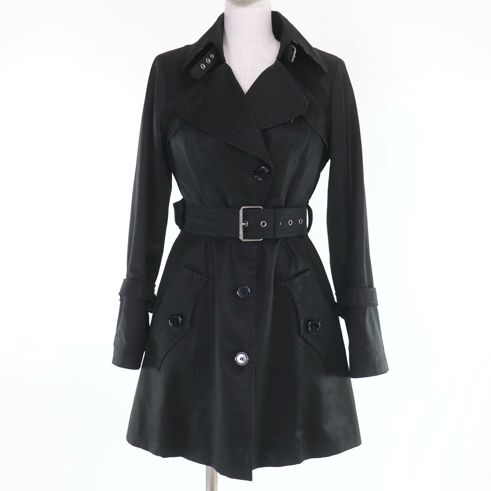 美品☆BURBERRY BLUE LABEL バーバリーブルーレーベル コットン100％ 裏地チェック柄 ウールライナー付 トレンチコート ブラック 38 正規品 レディース【中古】