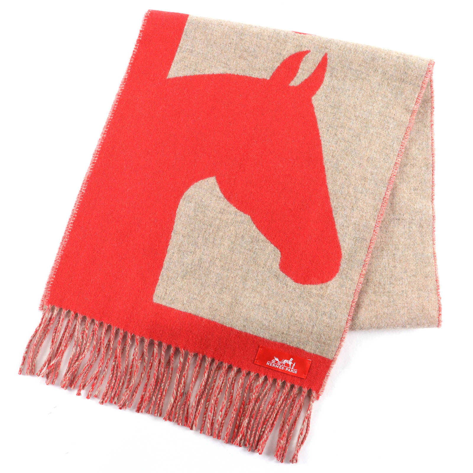 HERMES - 極美品△HERMES エルメス ラブストーリー カシミヤ エカルラート/ベージュ シネ フリンジ マフラー レッド系 ベージュ 英国製 レディース 【中古】