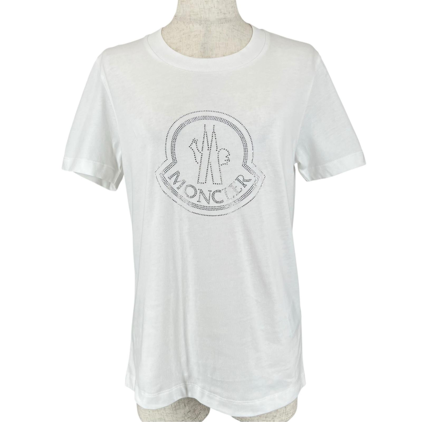 MONCLER(モンクレール) 半袖Tシャツ サイズS レディース - H20938C00016 白×クリア クルーネック/ラインストーン/ロゴ MONCLER - MONCLER(モンクレール) 半袖Tシャツ サイズS レディース