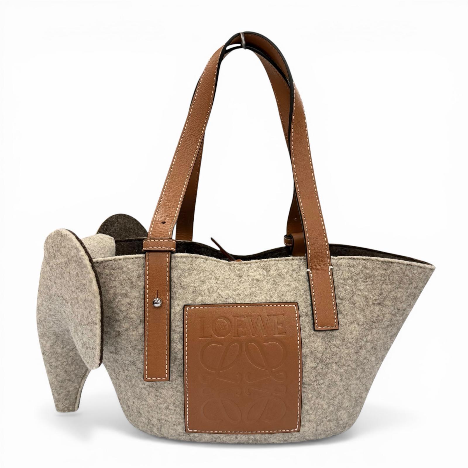 Rakuten - 極美品▼LOEWE ロエベ フェルト レザー エレファント バスケット アナグラムロゴ ハンドバッグ グレー ブラウン スペイン製 レディース 【中古】