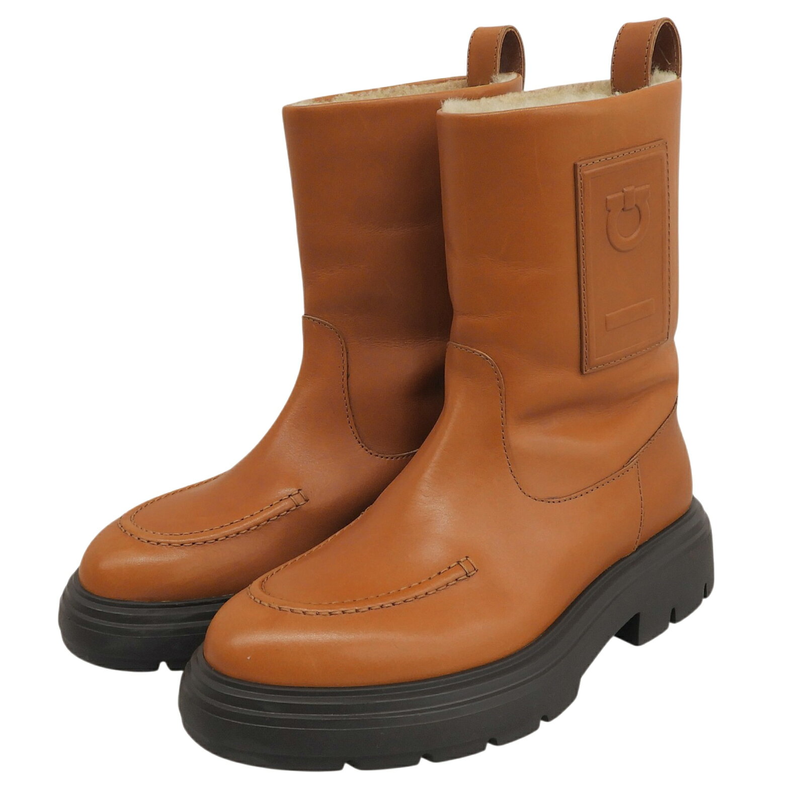 Rakuten - 美品▲FERRAGAMO フェラガモ 776773 TIRBA FUR ガンチーニ 裏ボア レザー ショートブーツ ブラウン 4.5 箱・保存袋付き イタリア製 レディース 【中古】