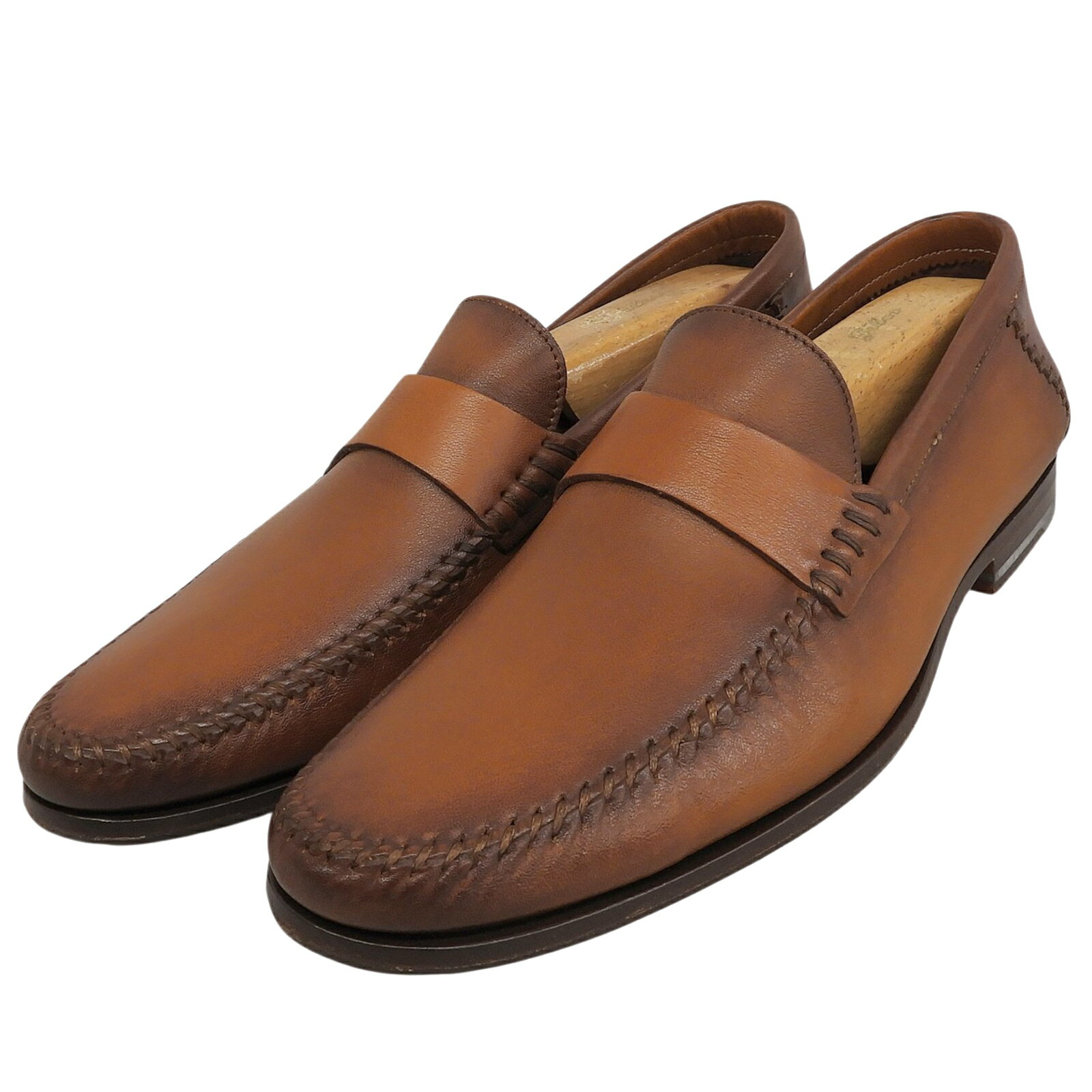 極美品▲Santoni サントーニ ステッチデザイン モカシン レザーローファー ビジネスシューズ ブラウン 5.5 イタリア製 メンズ 【中古】