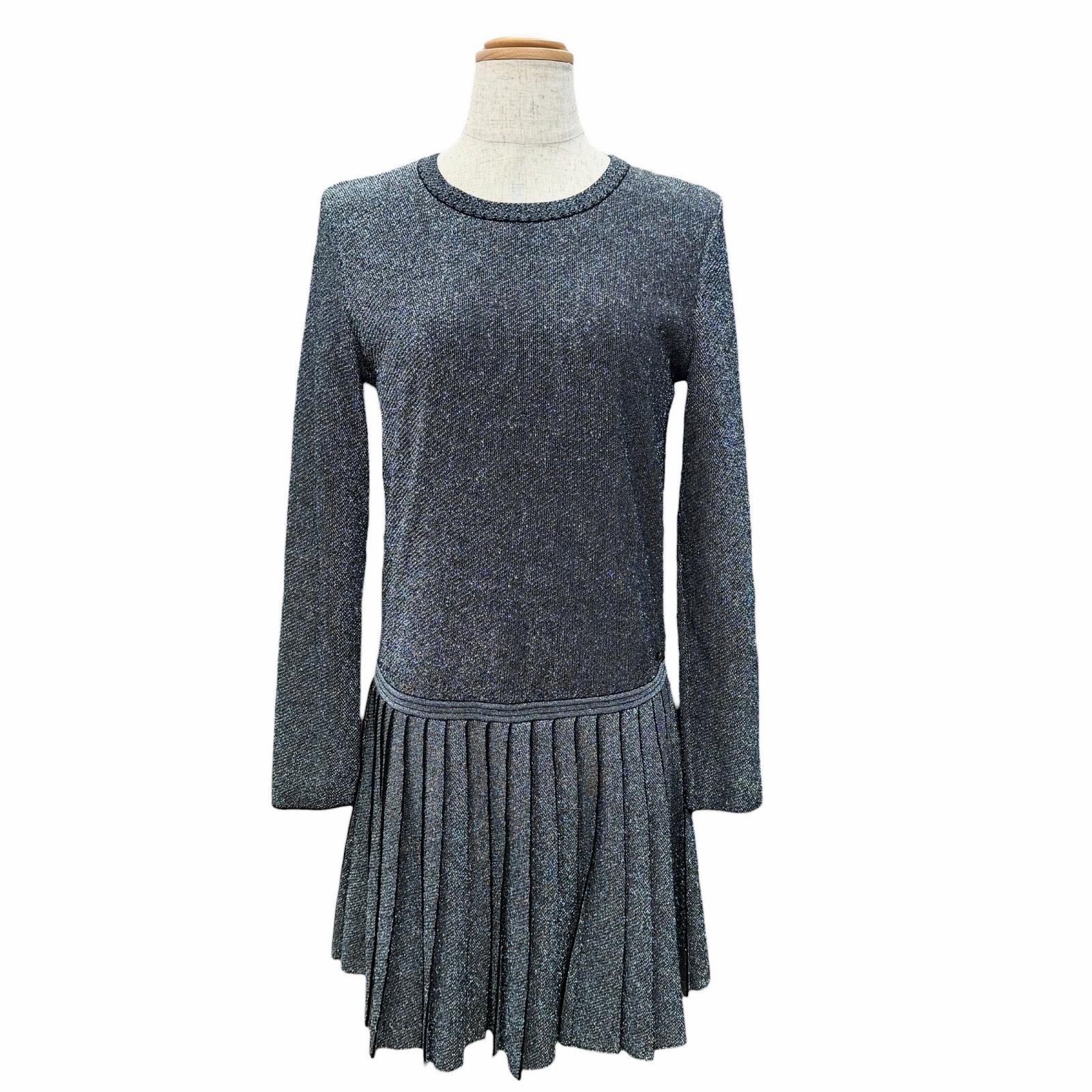 美品△CHANEL シャネル P50520K06412 ココボタン 裾プリーツ クルーネック 長袖 ニット ワンピース ラメ シルバー 38 イタリア製 正規品 レディース 【中古】
