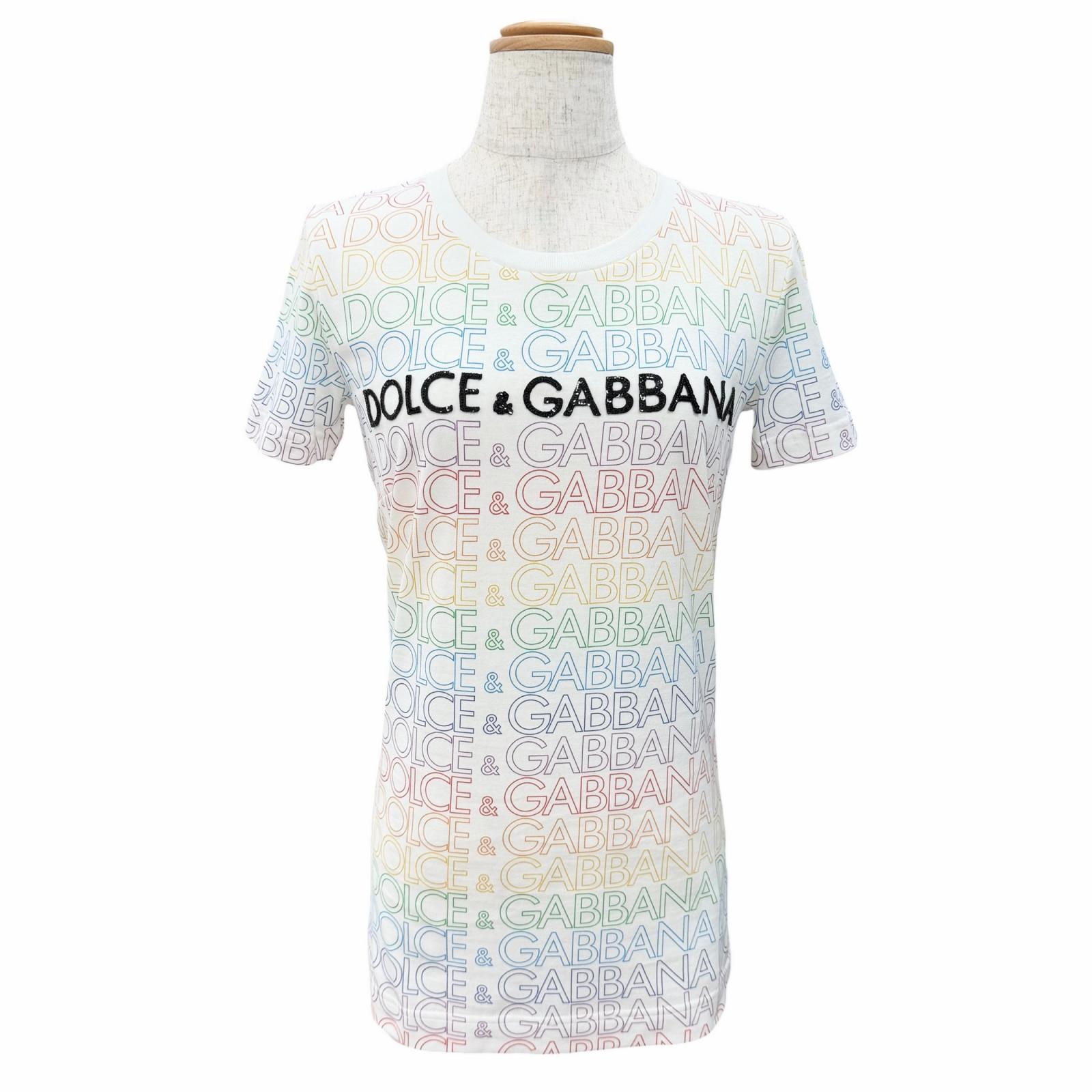 乐天商城 - 未使用品△DOLCE&GABBANA ドルチェ＆ガッバーナ F8H32Z コットン100％ スパンコール ロゴ総柄 クルーネック 半袖Tシャツ ホワイト マルチカラー 36 イタリア製 正規品 レディース オススメ◎ 【中古】