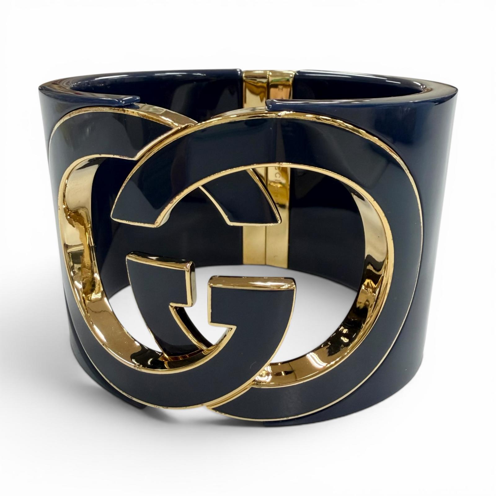 極美品▼GUCCI グッチ インターロッキングG カフブレスレット バングル ネイビー ゴ...
