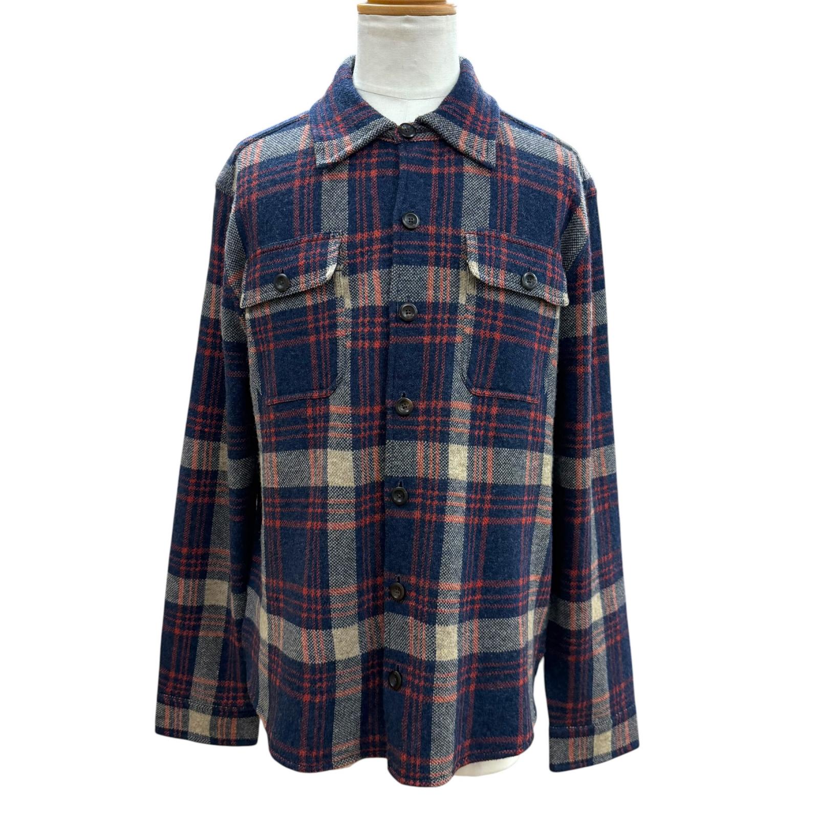 未使用品▼RRL ダブルアールエル ウール リネン カシミヤ混 ワークシャツセーター 長袖シャツ ネイビー レッド L 正規品 メンズ 【中古】