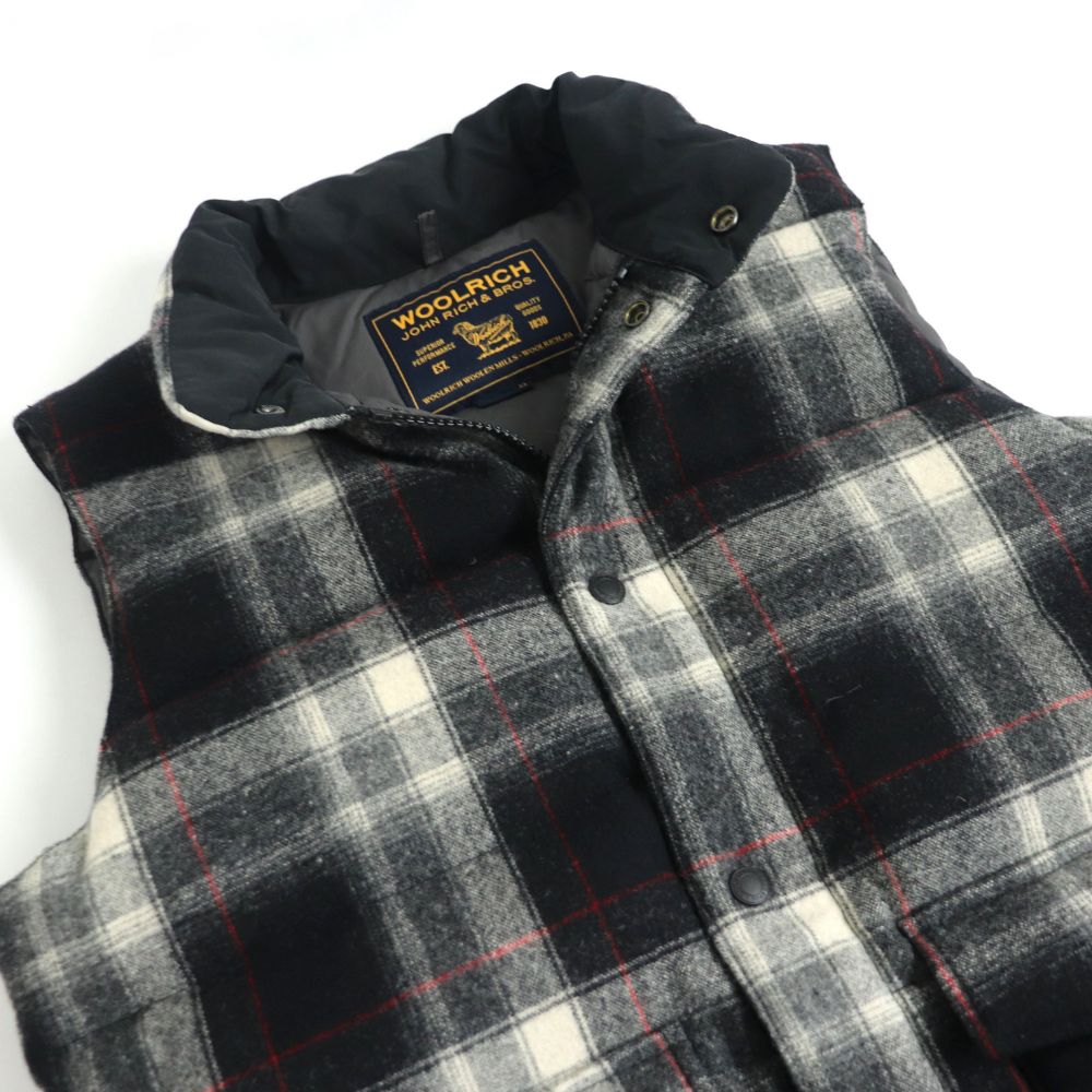 極美品□WOOLRICH/ウールリッチ　タータンチェック柄　ウール　フルジップ　ダウンベスト/ジレ　ブラック　XS　正規品　メンズオススメ◎【中古】ち