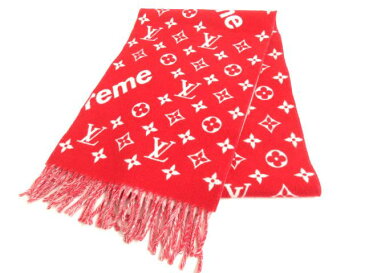 【中古】極美品◎LOUIS VUITTON×Supreme　ルイヴィトン×シュプリーム　MP1890　モノグラム　ロゴ　カシミヤ混　ウールマフラー　赤　正規品　英製