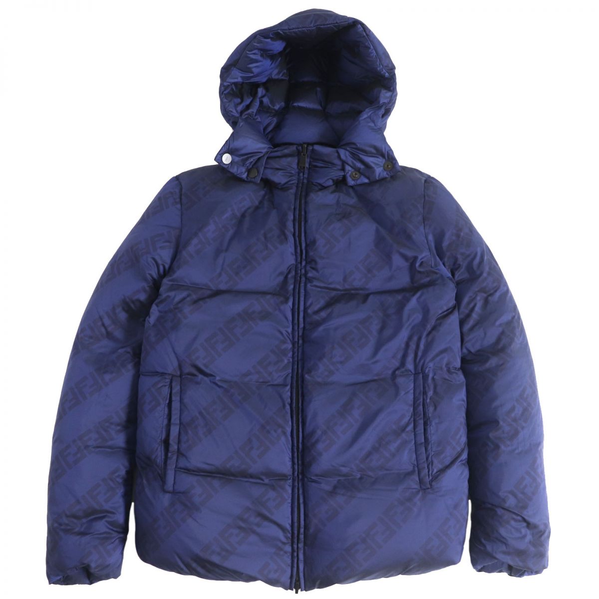 □2021年製 FENDI/フェンディ FW1087 AGZJ ズッカ FFロゴ総柄 ロゴプレート PUFFY JACKET リバーシブル WZIP ダウンジャケット/パフィージャケット ブルー 46 イタリア製 正規品【中古】