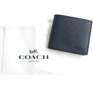 未使用品▼COACH コーチ F59111 クロスグレイン ロゴ刻印入り 2つ折り財布/レザーウォレット ダークネイビー メンズ 保存袋付き【中古】
