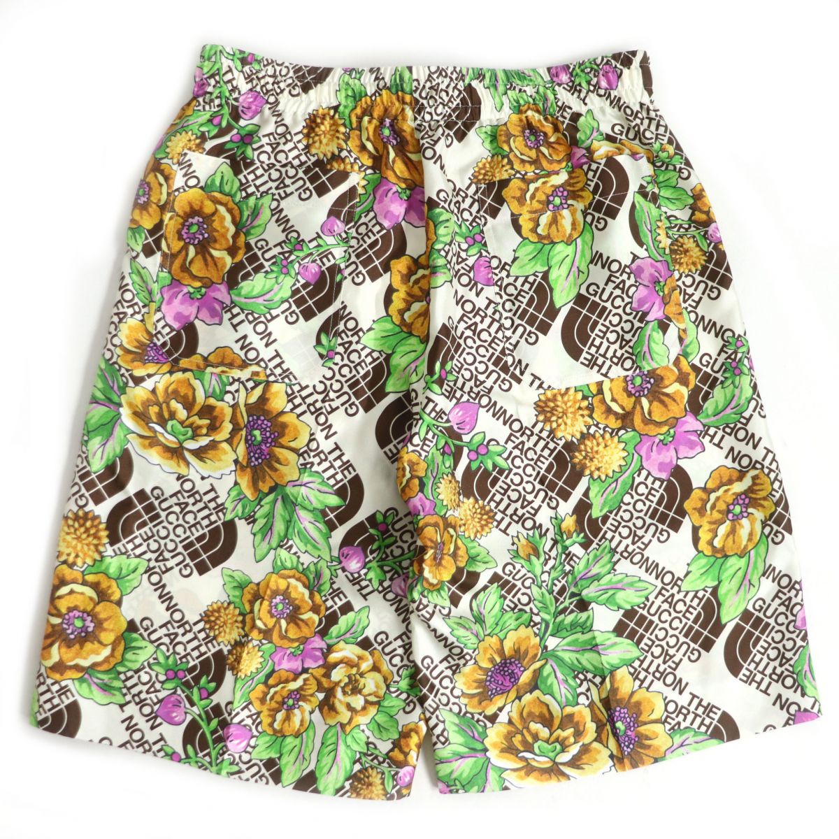 未使用品□21SS グッチ×ザ ノースフェイス 654771 シルク100％ 総柄 FLORAL LOGO SHORTS ハーフパンツ マルチカラー 46 イタリア製 正規品【中古】