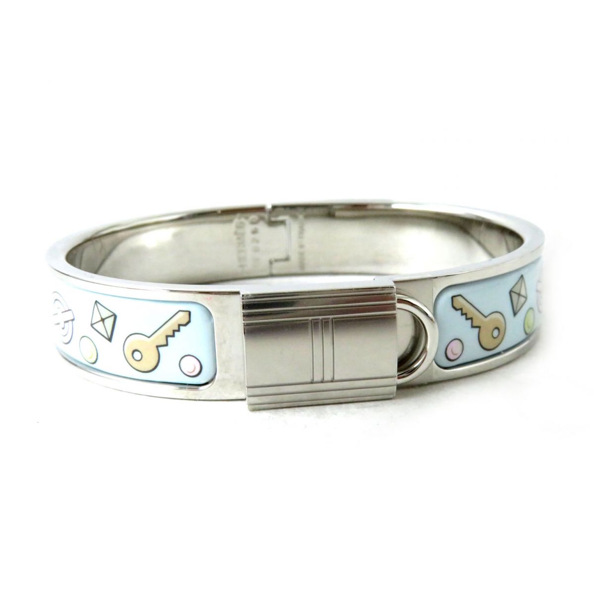 未使用品◎正規品 フランス製 HERMES エナメル ブレスレット クリック カデナ PM ロッキー・ミー ソンジュ パステル シルバー 箱・タグ付き【中古】のサムネイル