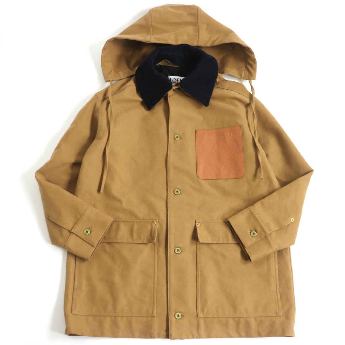 極美品□21SS LOEWE/ロエベ H526Y02W03 アナグラム レザーパッチ 襟元コーデュロイ フーデッド ハンティングジャケット キャメル 46 正規品【中古】のサムネイル