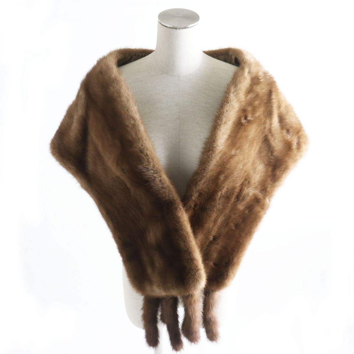 極美品●MINK パステルミンク 房付き 裏地刺繍入り 本毛皮ショール/ストール/ティペット ライトブラウン 毛質艶やか・柔らか◎【中古】