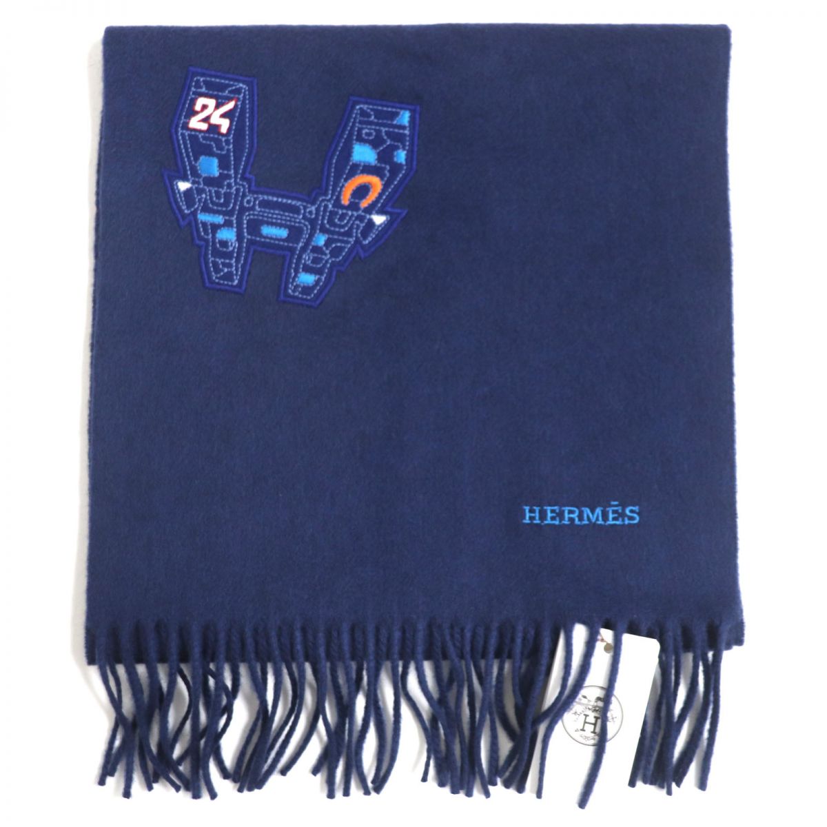 未使用品▼HERMES エルメス スペース ユニバーシティSpace Univesify カシミヤ100% フリンジ付き マフラー 紺/ネイビー メンズ 英国製 箱・タグ付き