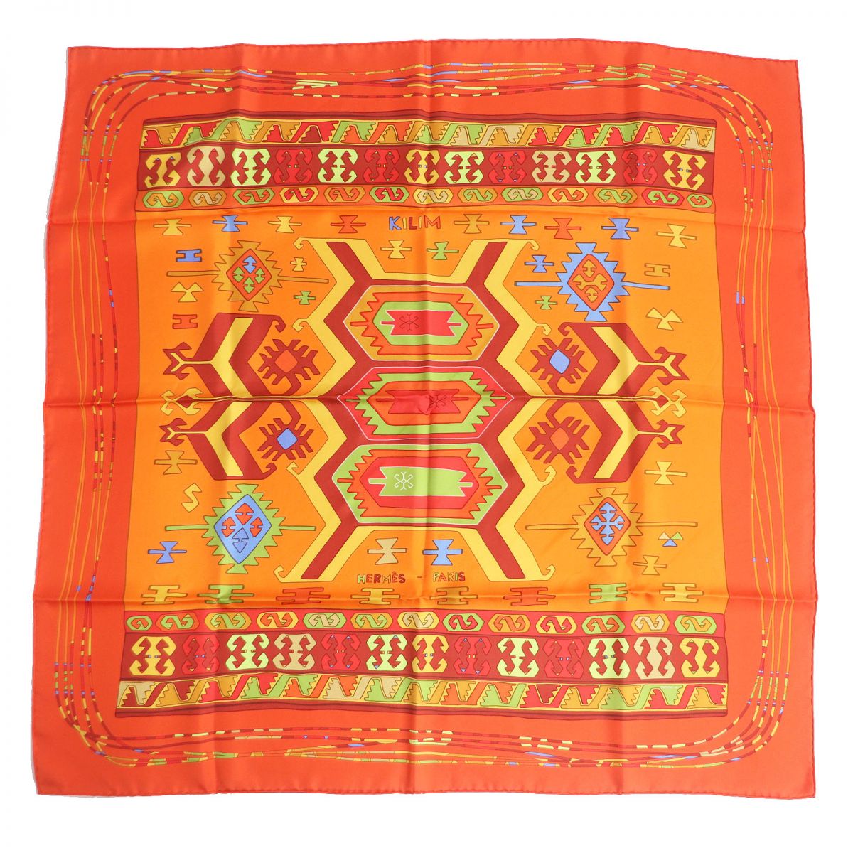 【中古】極美品□HERMES/エルメス カレ90 KILIM/キリム チマヨ ネイティブ柄 シルク100％ スカーフ/ショール オレンジ系 フランス製 箱付き