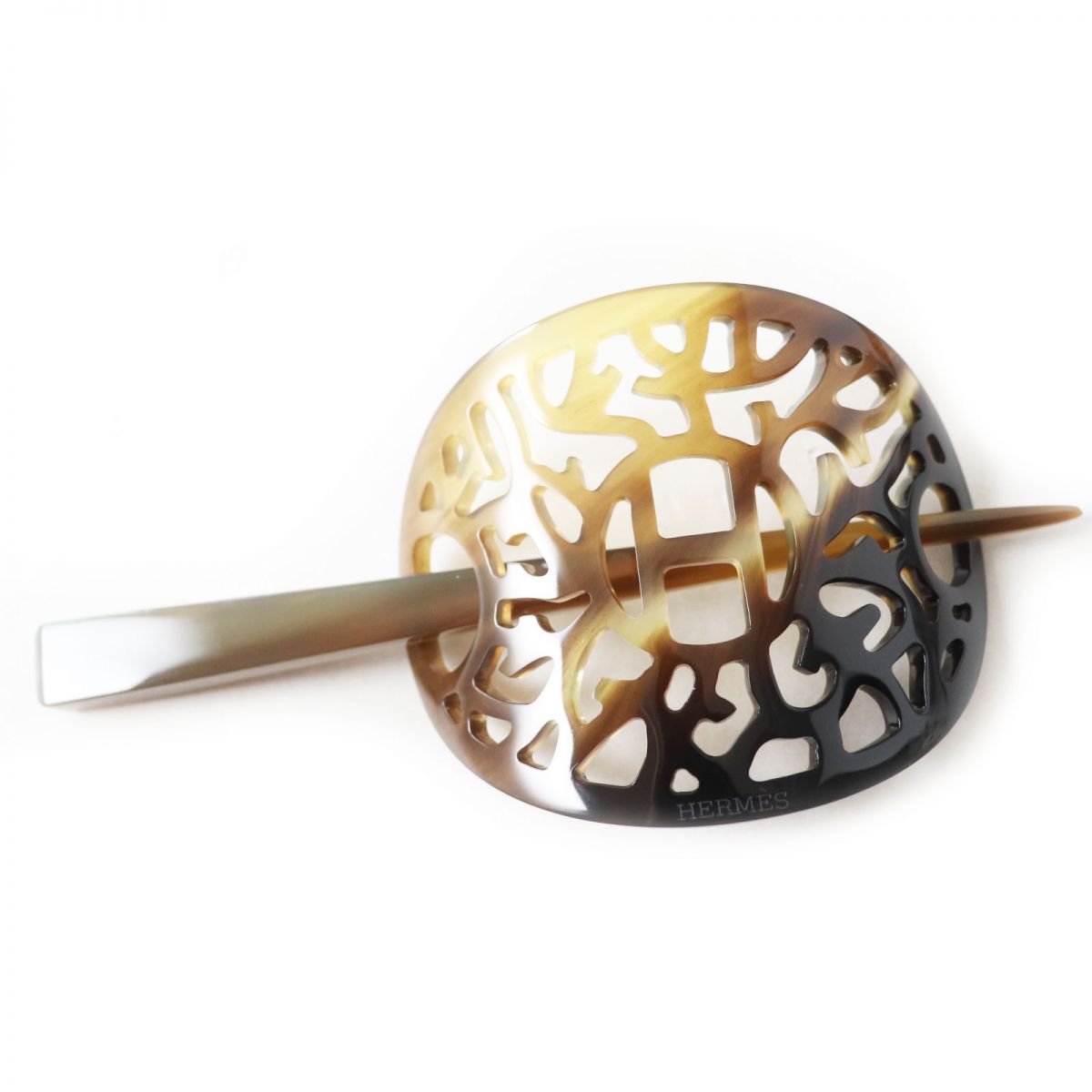 極美品◎正規品 HERMES エルメス ロカイユ かんざし ヘアアクセサリー マジェステ バッファローホーン ブラウン系 箱・保管袋・タグ付き【中古】のサムネイル