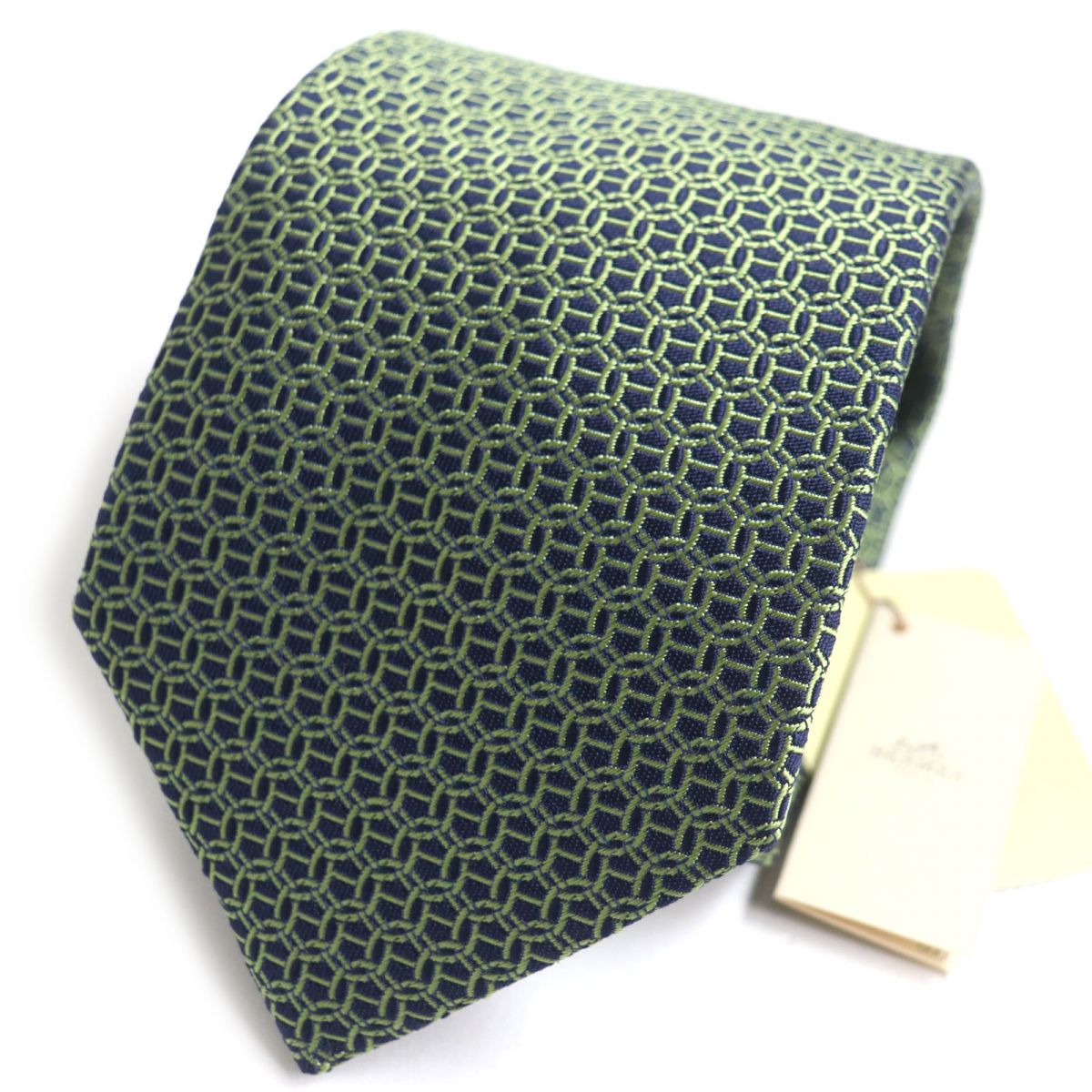 未使用品▼HERMES エルメス 655400T クラヴァット LOURDE 総柄 シルク100% ネクタイ MARINE/VERT POMME フランス製 ビジネス◎ タグ付き【中古】