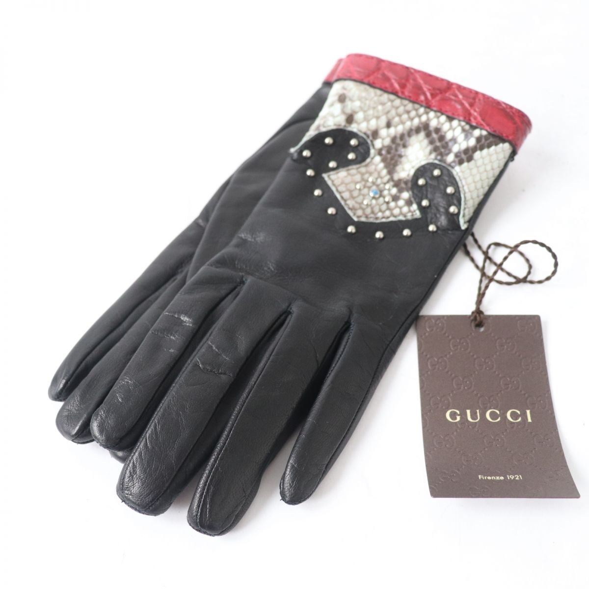 【中古】未使用品☆GUCCI グッチ クロコダイルレザー×レザー パイソン使い スタッズ付 グローブ/手袋 黒 レディース 7 1/2 伊製 箱・保存袋付き