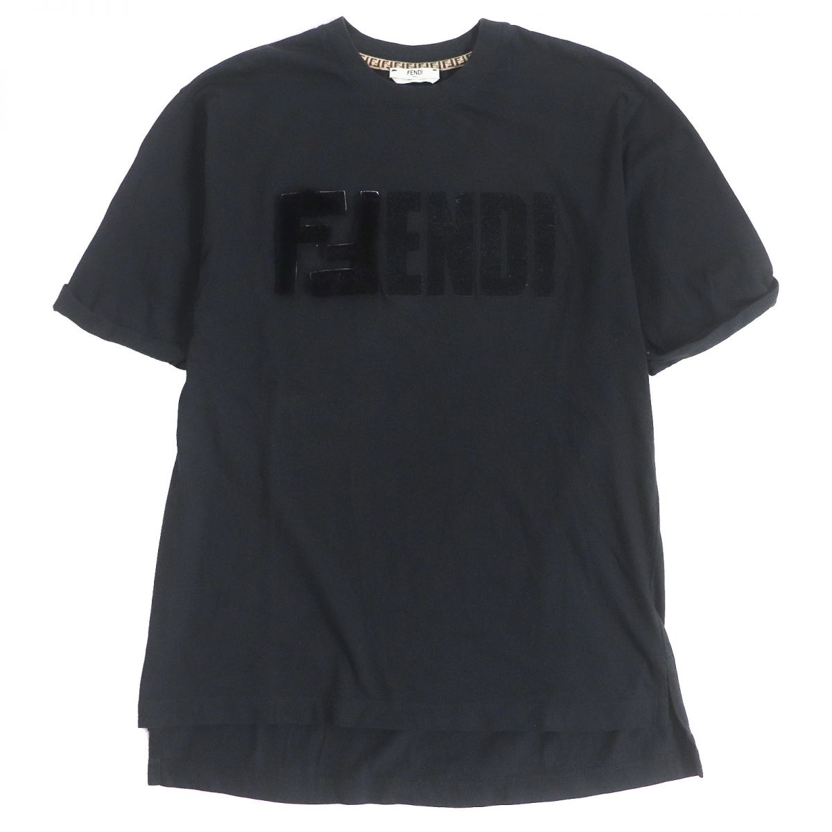 良品□FENDI/フェンディ FS7184 ズッカ FFロゴ ミンクファー使い クルーネック 半袖Tシャツ/カットソー ブラック XXS イタリア製 正規品【中古】