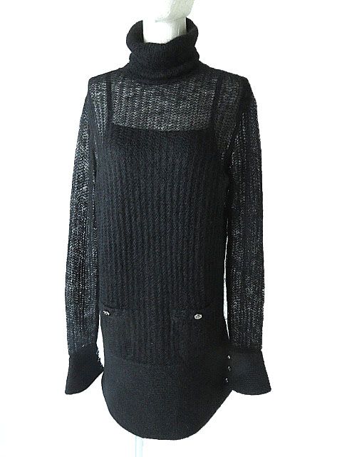 【中古】極美品△仏製 CHANEL／シャネル レディース P59198 ココマークボタン ペチコートドレス付 モヘア混 タートル ニットワンピース ブラック 40