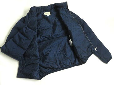 【中古】極美品△2017年製 グッチ 439366 裏地GGロゴ総柄 レザーパッチ フード付き ダウンジャケット 48 ネイビー イタリア製