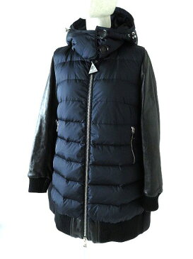 【中古】5 美品◇国内正規品 MONCLER モンクレール 15-16AW BLOIS ブロー Aライン フード付 ラムレザー切替 ZIP ダウンコート 紺×黒 00 レディース