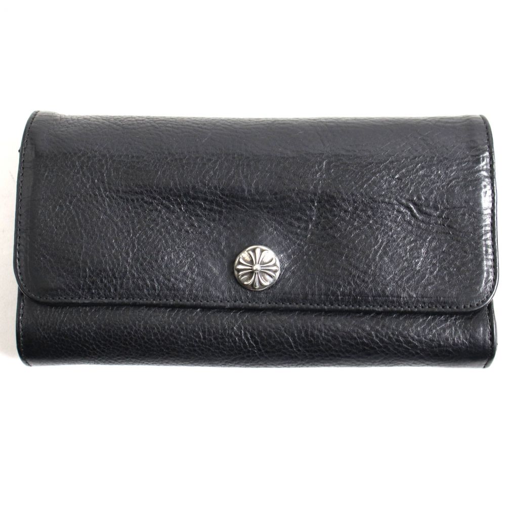 【中古】美品▽CHROME HEARTS クロムハーツ ジュディ クロスボタン スクロールラベル ヘビーレザー 長財布/ウォレット ブラック メンズ