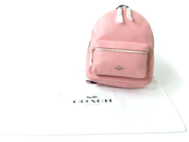 未使用品◇ COACH コーチ F30550 チャーリー ロゴ金具付 ペブルド レザー ミディアム バックパック リュック ピンク レディース【中古】