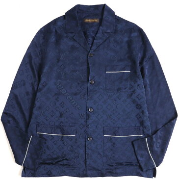 【中古】美品▽2017年製 ルイヴィトン×シュプリーム モノグラム シルク混 長袖 パジャマシャツ ネイビー XL イタリア製 正規品 メンズ