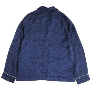【中古】美品▽2017年製 ルイヴィトン×シュプリーム モノグラム シルク混 長袖 パジャマシャツ ネイビー XL イタリア製 正規品 メンズ
