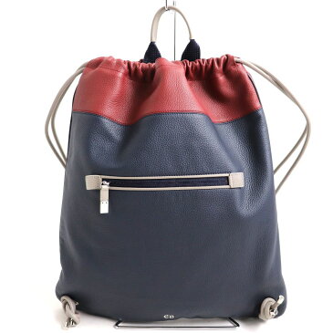 【中古】極美品◆Dior HOMME ディオールオム ロゴ金具付き レザーナップサック/バックパック ブルー×レッド イタリア製 メンズ