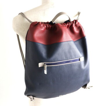 【中古】極美品◆Dior HOMME ディオールオム ロゴ金具付き レザーナップサック/バックパック ブルー×レッド イタリア製 メンズ
